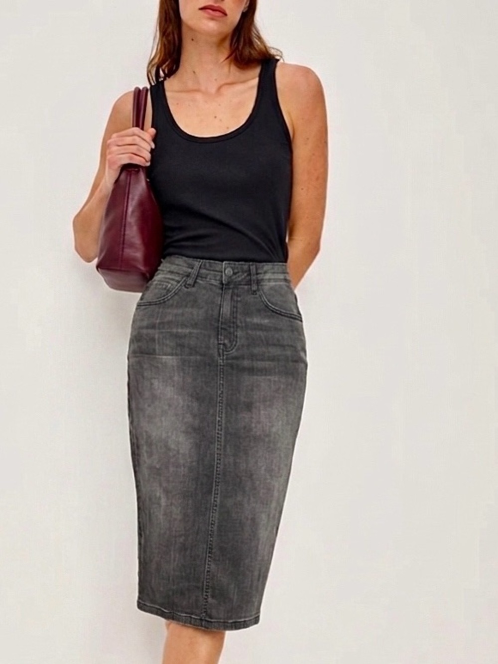 Rebecca Minkoff Sifo Skirt Stretchy Denim Pencil Skirt Grey Wash Sz26